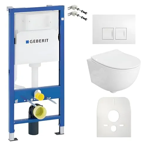 Lavita Duofix Basic Vorwandelement + Lavita Wand Tiefspül WC Dalia Weiß Spülrandlos + WC Sitz mit Absenkautomatik + Bedienplatte Delta 25 Weißer Knopf Komplettset Unterputz Spülkasten Toilette WC