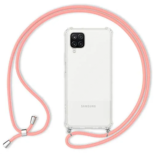 NALIA Handyhülle mit Kette kompatibel mit Samsung Galaxy A12 Hülle, Transparente Schutzhülle & Handy-Schnur, Slim Necklace Hardcase mit Umhänge-Band, Kordel Cover Chain Case Etui, Farbe:Pink