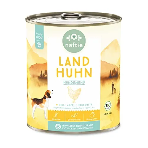 naftie Bio Hundefutter Land Huhn - Premium Nassfutter Menü mit Huhn, Reis, Äpfel und Hagebutten - glutenfrei - purinarm - Diät-Futter - 800g Dose