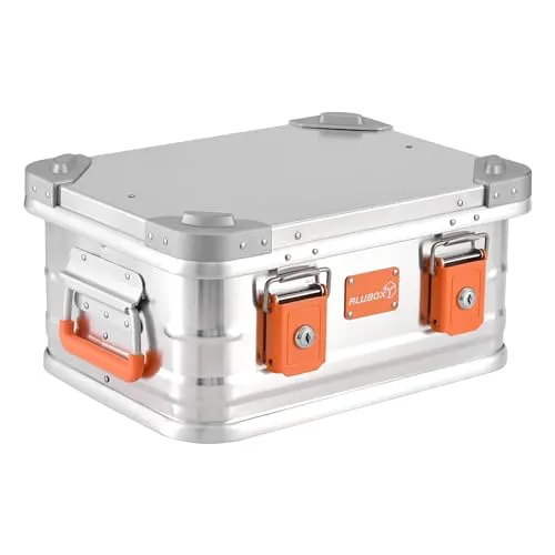 Alubox Alukiste abschließbar E18 - 18 Liter Aluminium Lagerbox - Werkzeugkasten aus 1 mm Aluminium, leicht und stapelbar. Mit Gummidichtung für Schutz vor Staub und Spritzwasser sowie abschließbaren Schlössern für Sicherheit.