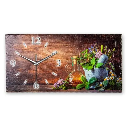 Kreative Feder Designer-Wanduhr Kräuter aus Stein mit Zeigern aus gebürstetem Aluminium - Designeruhr aus Stein mit flüsterleisem Uhrwerk (Wiesen-Kräuter, leises Funkuhrwerk)