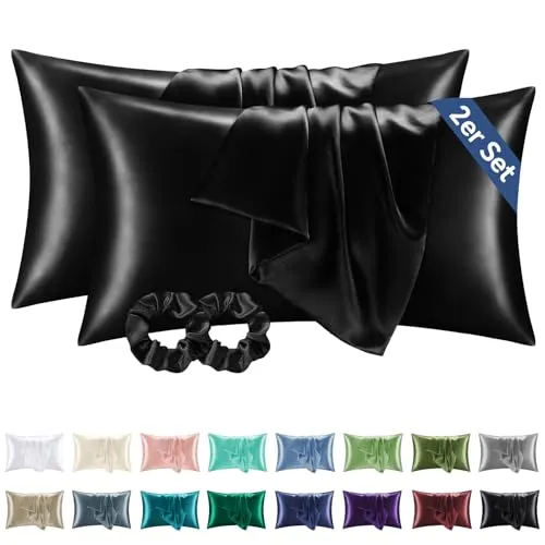 BEDELITE Satin Kissenbezug 40 x 80 Schwarz - Kopfkissenbezug 2er Set Weich wie Seidenkissenbezug 40x80 Sommer mit 2 Haargummis für Haar und Haut, Similar to Silk Pillowcase Pillow Cover