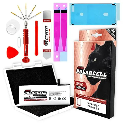PolarCell Akku für Apple iPhone 6S | inklusive Werkzeugset & Rahmenkleber | 2400mAh Starke Ersatz-Batterie | 39% mehr Kapazität als der Original-Akku | selektierte A+ Qualitätszellen