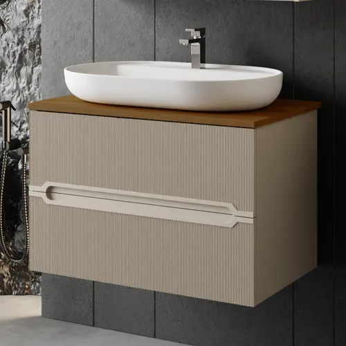 Karen Waschtisch-Set Bella - Elegantes Waschtisch-Set mit Unterschrank in Kaschmirbeige, inklusive Softclose-Schubladen und ansprechender Riffeloptik – ideal für stilvolle Badezimmer.