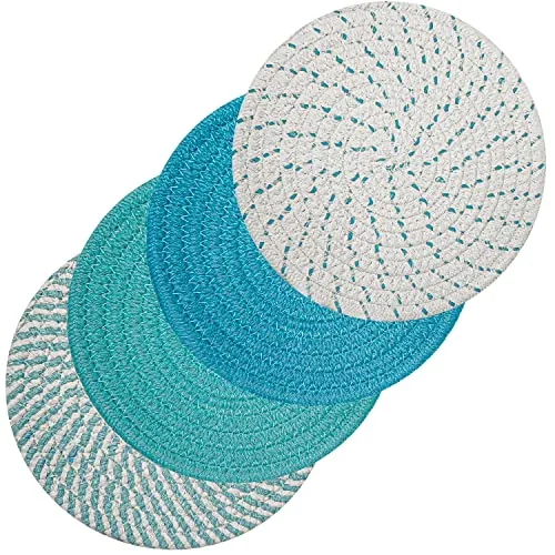 Svkiyang 4 Stück Topfuntersetzer Set Untersetzer Baumwolle Faden Weben Matte Heißer Topf Halter Topflappen,4 Farben Runde Geflochtene Untersetzer Topf Heiß Pads Löffelablage zum Kochen in Küche…