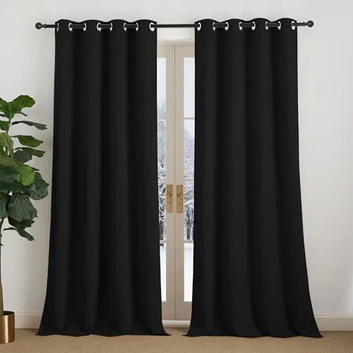 NICETOWN Thermovorhang Fenster Schwarze Vorhänge Blickdicht 2er Set H240 x B140 cm, Gardinen 240 cm Lang Gardine Verdunkelung mit Ösen für Wohnzimmer Übergardinen Ösengardinen