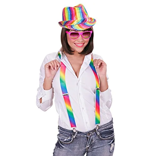 Amakando Regenbogen Hut Party Fedora Bunter Trilby Pailletten Partyhut Schlagerparty Paillettenhut Mottoparty Kopfbedeckung
