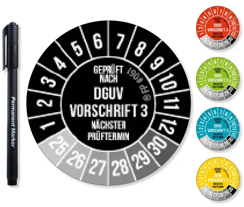 Frank Paperman Aufkleber DGUV V3 Prüfplaketten 20-30 mm Ø inkl. Folienstift, Prüfplaketten, (120tlg), Nächster Prüftermin, UV-beständig, Hohe Klebkraft