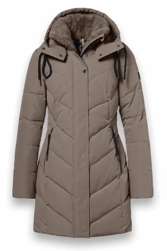 District Wintermantel Zodiac mit Kapuze - coffebraun, Größe 38 - Funktionaler Damenmantel mit abnehmbarer Kapuze und Kunstfellkragen. Wasserabweisend und atmungsaktiv für hohen Tragekomfort. Ideal für kalte Tage mit praktischen Reißverschlusstaschen.