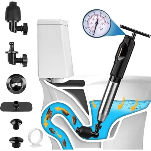 Wenbones Rohrreiniger Druckluft, Abflussreiniger Pumpe mit Luftkompression, 4 Saugnäpfen, Luftdruckanzeige, für Waschbecken, Toilette, Badezimmer, Küche, Rohrreiniger mit Federmechanismus (Schwarz)