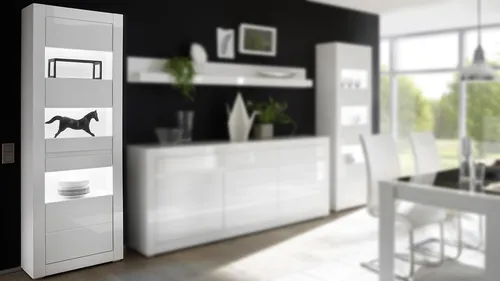 Vitrine Carat - Moderne Glasvitrine in Weiß Hochglanz und Beton Grau - Schränke & Wandschränke, stilvolle Standvitrine mit Glasfront und modernem Design, ideal für Wohnzimmer oder Esszimmer.