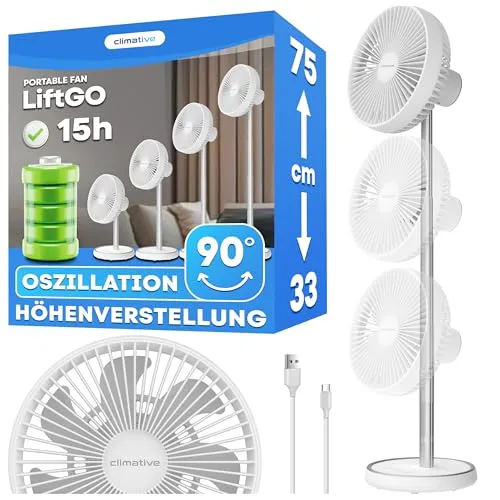 Climative Tischventilator Sehr Leise 34–75 cm USB Ventilator Akku 15h Table Fan LiftGo Standventilator 4 Modi 450 m³/h Oszillierend Ventilator Camping & Büro Weiß