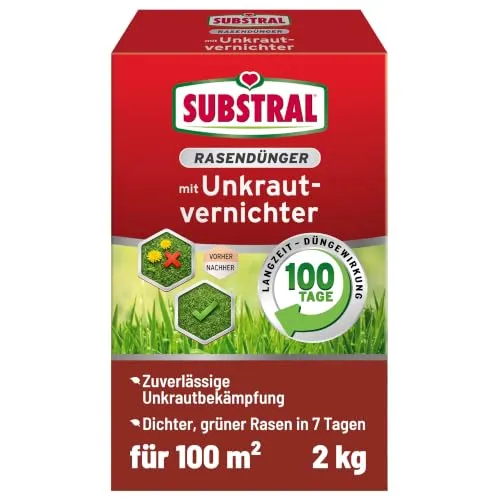 Substral Rasendünger mit Unkrautvernichter 2 kg für 100m² Langzeitwirkung | Bekämpft rasentypische Unkräuter | Wirkung über Blatt und Wurzel | Langzeitdünger bis 100 Tage