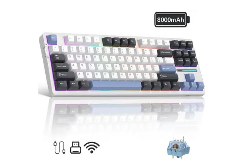 Novzep Gaming Tastatur Kabellose Mechanische Keyboard RGB Rainbow Tri-Modus Gaming-Tastatur (Kompakt 87 Tasten für Mac&Win,5 schallabsorbierende Schichten,PC)