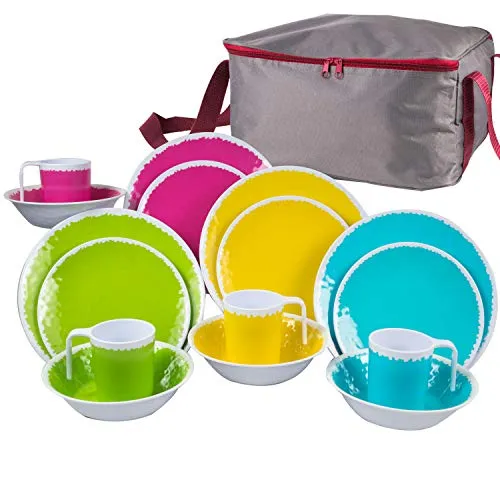 Melamin Camping Geschirr Set Bunt 17 Teile mit Aufbewahrungstasche - 4 Personen Essgeschirr Campinggeschirr Picknick für Camping Teller Schüssel Schale Tafelgeschirr mit Reißverschluß Tasche