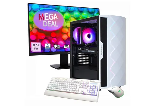 GAMEMAX Gaming-PC Diamond WT Komplett SET mit Monitor, Maus & Tastatur - PC-Systeme mit Intel® Core™ i5 14400F, NVIDIA RTX 5060Ti, 32GB RAM, 1TB SSD und 27
