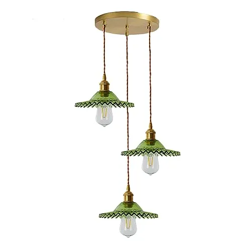LFsem 3-Wege-Glas-Pendelleuchte, Industrieller Vintage Messing E27 Loft-Bar 3-Flammige Deckenleuchte Hängelampe, DIY Kronleuchter für Esszimmer und Wohnzimmer (Grün)
