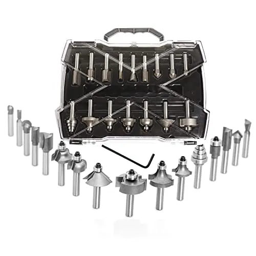 Sinoprotools 20-tlg Oberfräse Fräser Set Hartmetall, 8mm Schaft, 15 Profi Fräser-Bit, mit 4-teilig Lager-Set und Innensechskantschlüssel, für DIY Elektro Oberfräsen Einbohren Holzbearbeitung