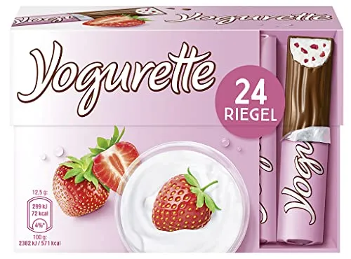 Yogurette Erdbeere Riegel – Fruchtig-frischer Snack - Schokolade mit Magermilchjoghurt und Erdbeeren, glutenfrei und ohne Gentechnik – ideal für eine süße Auszeit unterwegs.
