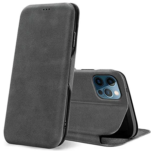 CoolGadget Klapphülle für iPhone 12 / iPhone 12 Pro, PU Leder, Kartenfach, Magnetverschluss, Standfunktion, Rundumschutz - Grau