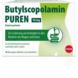BUTYLSCOPOLAMIN PUREN 10 mg überzogene Tabletten, 50 Stück - Arzneimittel zur Linderung von Magen-Darm-Krämpfen, schnell wirksam und gut verträglich.
