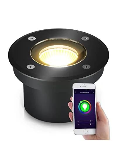 lambado® Flacher LED Bodenstrahler für Außen mit RGB Farbwechsel - Alexa & Google Home steuerbar per App - Runde Bodenleuchte/Bodeneinbaustrahler IP67 - Wasserdicht & Befahrbar