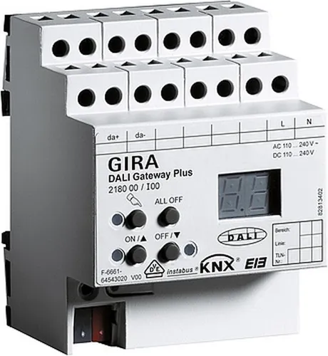 Gira 218000 DALI Gateway Plus KNX EIB REG - LICHTSTEUERUNGEN - Intelligente Steuerung für bis zu 64 DALI Betriebsgeräte, energiesparend mit umfassenden Lichtszenen und Rückmeldungen für maximale Effizienz und Komfort.