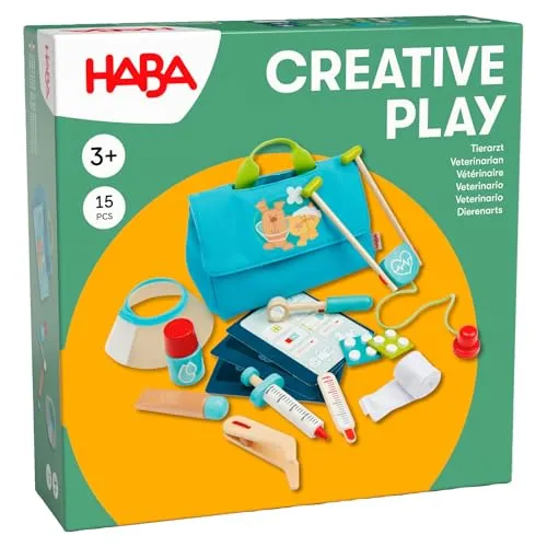 HABA Creative Play Tierarzt - 15-teiliges Set - Gesellschaftsspiel für Kinder ab 3 Jahren, inklusive Arzttasche und umfangreichem Zubehör für kreative Rollenspiele als Tierarzt.