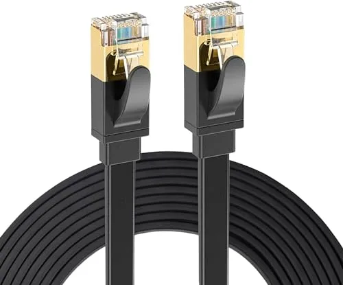 Elfcam® -1 Meter Ethernet Kabel Cat 7 Plat, LAN/WLAN Kabel mit Vergoldetem RJ45 Stecker, Netzwerkkabel 100% Kupfer Starres Verlegekabel, 32AWG, Schwarz, 1m