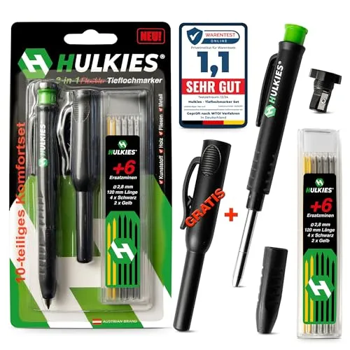 Hulkies 3-in-1 Tieflochmarker – 10-teiliges Profi-Set: Zimmermannsbleistift, Tieflochstift & Köcher – Markierstift für Handwerker inkl. 6 Ersatzminen & integriertem Spitzer