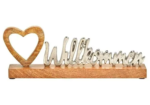 G. Wurm Deko Schriftzug Willkommen Herz Aufsteller Metall Mangoholz 35 cm Tischdeko Dekoration Spruch