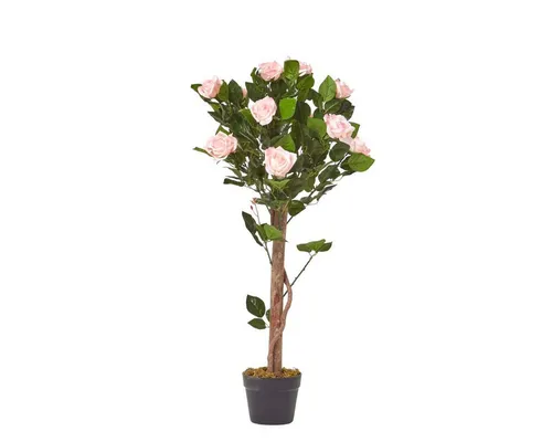 Kunstbaum Pink 'Rosenbaum' 90 cm von Homescapes - Lebensechter Kunstrosenbaum mit zarten rosa Blüten und grünen Blättern, ideal für Wohnzimmer und Festlichkeiten. Pflegeleicht und anpassbar, sorgt er für blühendes Flair ohne Aufwand.