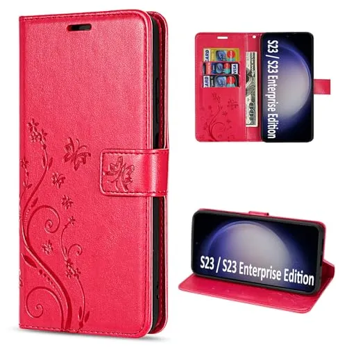 Hülle Kompatibel mit Samsung Galaxy S23 | Premium PU Leder Handyhülle Wallet Case für Galaxy S23 | Schutzhülle Blumen Klapphülle Handyhülle | Rot