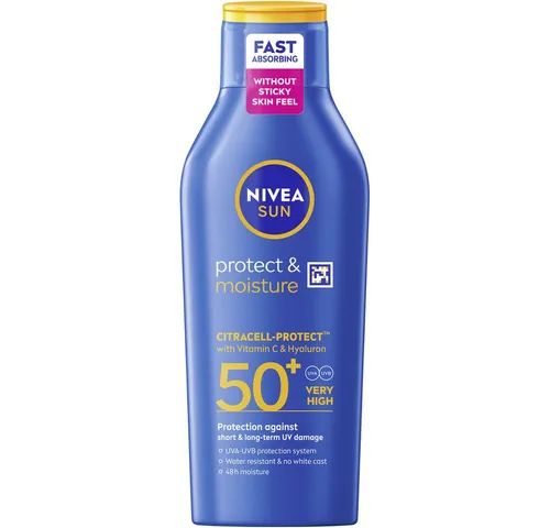 Nivea Sun Sonnenschutzlotion Schutz & Pflege Lotion LSF50+, Mit Vitamin C und Hyaluron für doppelten Zellschutz