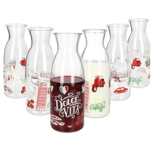 Ritzenhoff & Breker 6er Set Palermo Karaffe 1 Liter I Glas-Krug mit italienischem Dekor I Saft-Flasche für Wasser, Milch, Limonade, Kaffee, Wein & Co.
