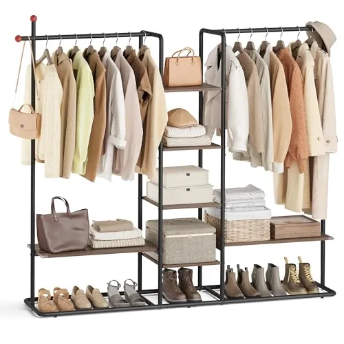SONGMICS HOME Garderobenständer, offener Kleiderschrank, Kleiderständer, 6 Ablagen, 2 Kleiderstangen, Haken in Streichholz-Form, für Schlafzimmer, naturwalnussfarben-tintenschwarz RGR012B01