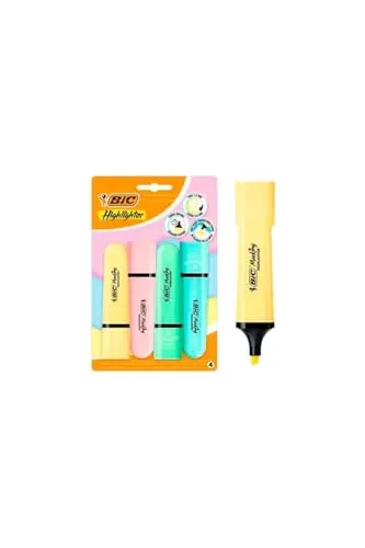 BIC Marking Flat Higlighter Pastell-Textmarker, 4 Stück, 4 Pastellfarben (Gelb, Blau, Rosa, Grün), Wasserbasis, schnell trocknende Tinte