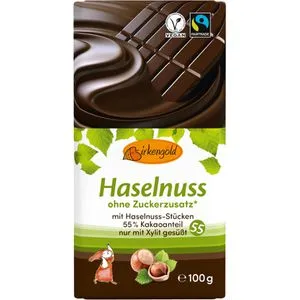 Birkengold Tafelschokolade Haselnuss, mit Xylit, 55% Kakaogehalt, Fairtrade, 100g