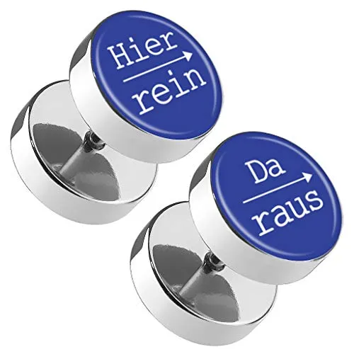 Piercingfaktor Runde Ohrringe Ohrstecker Fake Piercing Ohr Plug Flesh Tunnel Edelstahl Platte Stecker Spruch Hier rein, Da raus 10mm Blau