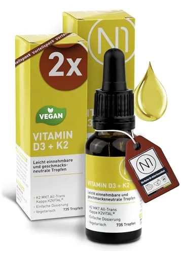 N1 Vitamin D3 K2 Tropfen 2x20 ml - Premium: 99,7+% All-Trans (K2VITAL® von Kappa) + hoch bioverfügbares D3, vitamin d k2, hochdosiert, optimal dosiert