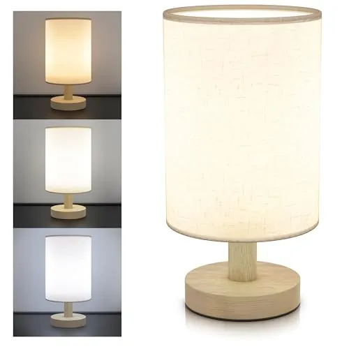 CSL – LED Tischlampe mit Kabel – 3 Lichtmodi – USB-Kabel – rund – Stoffschirm – minimaler Verbrauch – beige