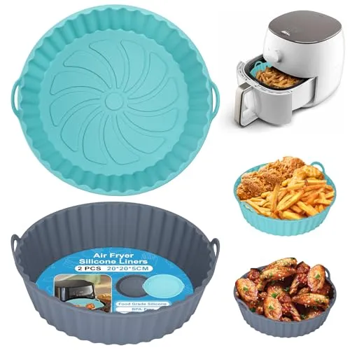 Alyvisun Silikonform für Heißluftfritteuse, 2 Stück Air Fryer Silikonmatte Silikon Backform Pot Zubehör Runde Einsätze Liner für Airfryer, Mikrowelle, Ofen(Grau+Blau)