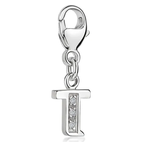MATERIA T Buchstabe Charms Anhänger Silber 925 - Armbänder & Charm-Anhänger, individueller Buchstaben 'T' Anhänger aus 925 Sterling Silber mit 3 weißen Zirkonia, perfekt für personalisierte Schmuckstücke.