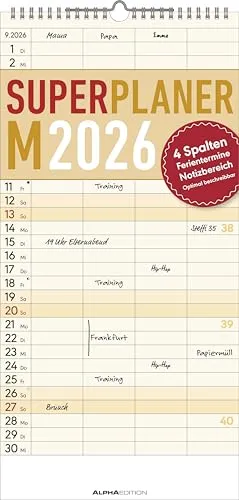 Superplaner M 2026 - Familien-Timer 4 Spalten 22x45 cm - Kalender für die ganze Familie, ideal zur besseren Organisation mit 4 Spalten für Termine und Aktivitäten. Perfekt für den Alltag!
