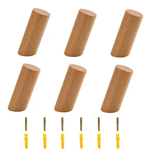 PROVO 6 Stück Holz Garderobenhaken Natürliche Wandmontage, massive Kleiderbügel für Eingang, Garderobenhaken zum Aufhängen von Kleidung, Hut, Schals im Schlafzimmer, Wohnzimmer, Flur Dekoration