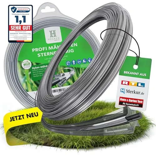 Heckenpracht® Profi Rasentrimmer Faden 3mm ⌀ x 50m sternförmig für Rasentrimmer & Freischneider | Extrem scharf | Profi Nylon Faden | Mähfaden für Rasentrimmer | trimmerfaden für Motorsense
