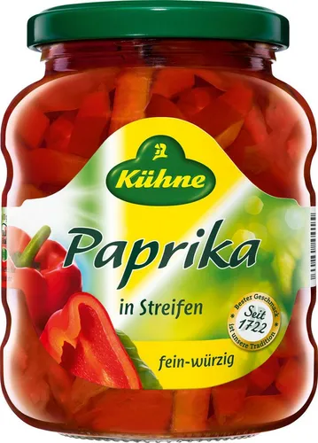 Kühne Paprika Streifen, 370ml - Gemüsekonserven mit fruchtigen Paprikastreifen in einem fein-würzigen Aufguss, ideal für Salate und als Snack – vegan und vegetarisch.