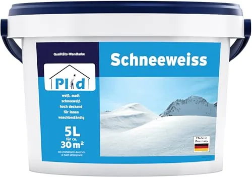 Plid® Schneeweiß Wandfarbe Weiß 5L - Hohe Deckkraft für perfekte Ergebnisse - Farben: Geruchsarm und diffusionsfähig, ideal für Renovierungen mit hervorragendem Deckvermögen und einfacher Verarbeitung.