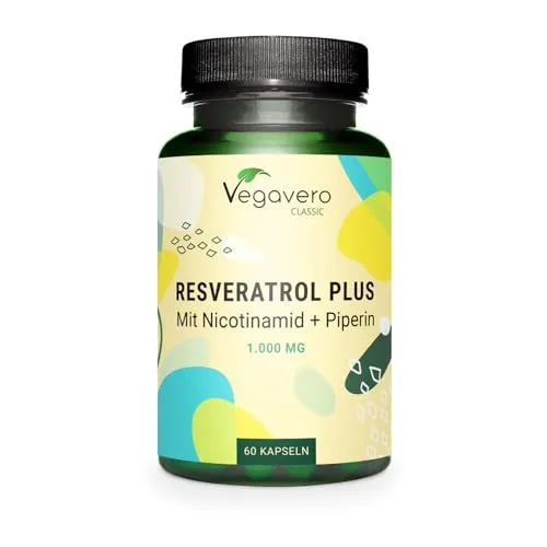 Vegavero® Resveratrol 1000 mg Kapseln - Antioxidant Resveratrol mit 1000 mg Trans-Resveratrol, Nicotinamid und Piperin für verbesserte Bioverfügbarkeit. Vegan, ohne Zusatzstoffe und laborgeprüft.