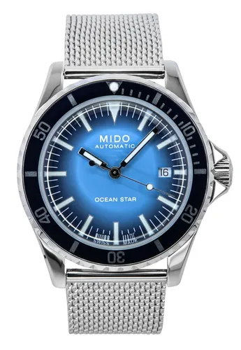 Mido Ocean Star Tribute M026.807.11.041.01 - elegante Herrenuhr in blau und silber - Herrenuhren mit blaufarbigem Zifferblatt, silbernem Edelstahl-Milanaiseband und zusätzlichem Kautschukband für hohen Tragekomfort.